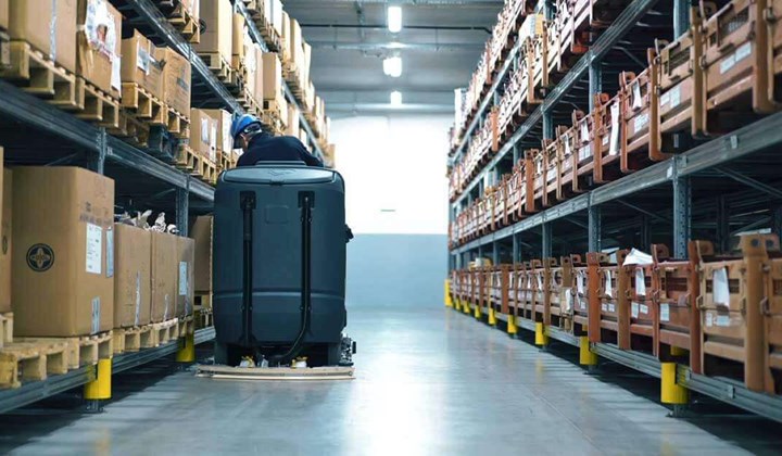 Floor cleaning warehouse aisle